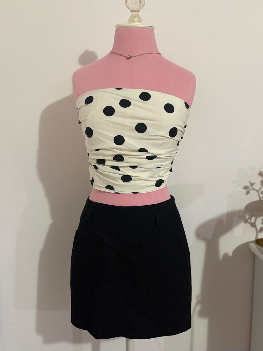 LOFT Black Polka Dot White Strapless Top